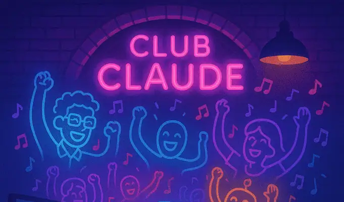 We Got a Problem. We Need a Problem. Neon Club Claude scene with a programmer at multiple monitors imagining AI assistants dancing above the IT dungeon