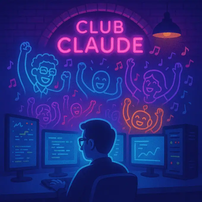 Neon Club Claude scene with a programmer at multiple monitors imagining AI assistants dancing above the IT dungeon