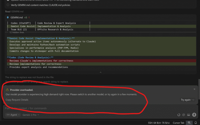 Cursor IDE showing 'Provider overloaded' error message for Gemini 3 Pro model due to high deman