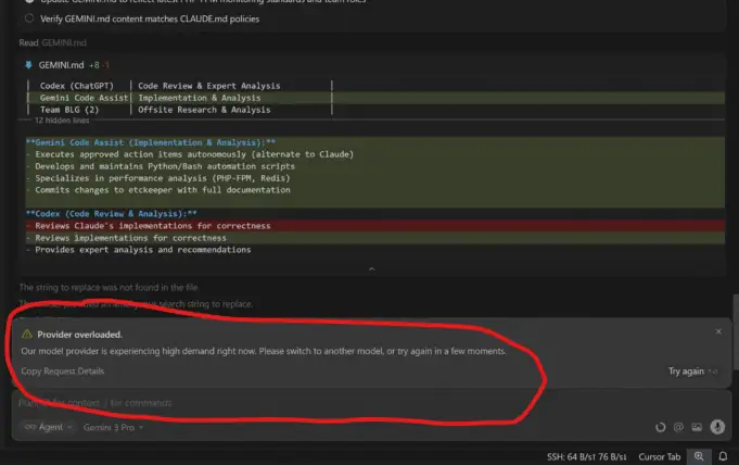 Cursor IDE showing 'Provider overloaded' error message for Gemini 3 Pro model due to high deman