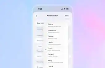 OpenAI Upgrades GPT-5 With Warmer Tone, Faster Reasoning, and Custom Personality Options ChatGPT mobile app Personalization settings screen showing Base style dropdown menu with eight personality options: Default (Balanced style and tone), Professional (Polished and precise), Friendly (Warm and chatty), Candid (Direct and encouraging), Quirky (Playful and imaginative—currently selected), Efficient (Concise and plain), Nerdy (Exploratory and enthusiastic), and Cynical (Sharp and skeptical)