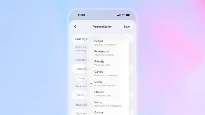 ChatGPT Personalization: Base Style Options ChatGPT mobile app Personalization settings screen showing Base style dropdown menu with eight personality options: Default (Balanced style and tone), Professional (Polished and precise), Friendly (Warm and chatty), Candid (Direct and encouraging), Quirky (Playful and imaginative—currently selected), Efficient (Concise and plain), Nerdy (Exploratory and enthusiastic), and Cynical (Sharp and skeptical)