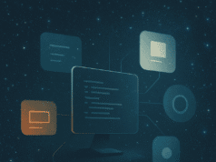 Abstract cosmic illustration of a computer interface connected to floating panels in a star field, representing an AI-powered integrated personal environment