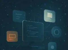 Abstract cosmic illustration of a computer interface connected to floating panels in a star field, representing an AI-powered integrated personal environment