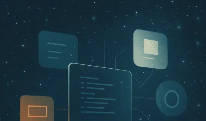 Abstract cosmic illustration of a computer interface connected to floating panels in a star field, representing an AI-powered integrated personal environment