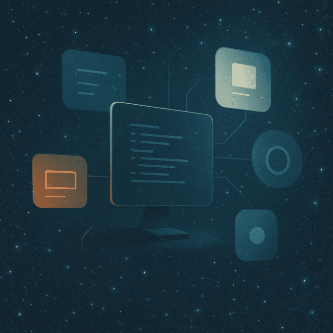 Integrated Personal Environment - An AI-Workspace for All Abstract cosmic illustration of a computer interface connected to floating panels in a star field, representing an AI-powered integrated personal environment