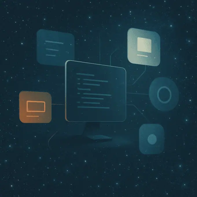 Integrated Personal Environment - An AI-Workspace for All Abstract cosmic illustration of a computer interface connected to floating panels in a star field, representing an AI-powered integrated personal environment