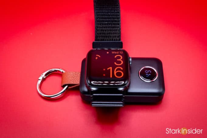 Apple Watch Series 6 attached to JOYROOM keychain charger via magnetic connection
