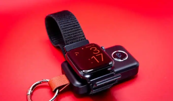 JOYROOM 2000mAh Wireless Apple Watch Keychain Charger: The Travel Backup That Actually Works Apple Watch Series 6 attached to JOYROOM charger showing time 3:17 PM during charging test