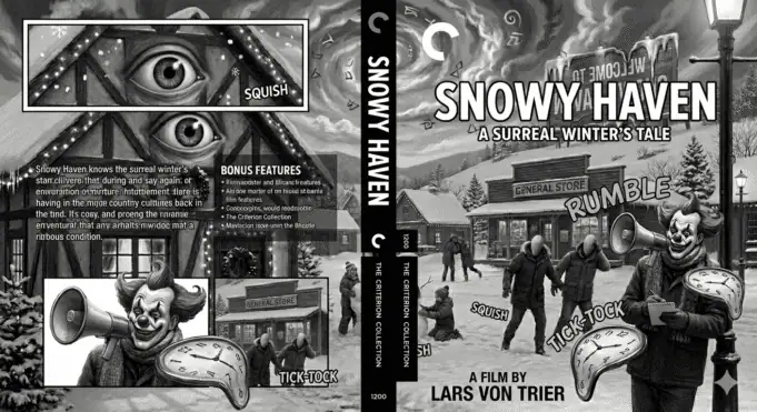 Surreal Criterion-style Blu-ray mockup titled “Snowy Haven,” featuring a clown critic, melting clocks, swirling sky, and distorted comic-style panels.