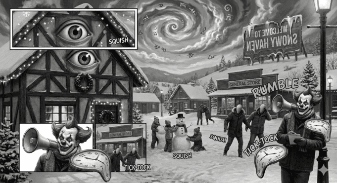 Chaotic multi-panel comic layout produced by Nano Banana Pro, with warped panels, distorted characters, and surreal winter imagery.