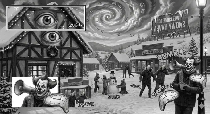 Chaotic multi-panel comic layout produced by Nano Banana Pro, with warped panels, distorted characters, and surreal winter imagery.