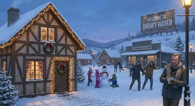 Cozy snowy winter village scene with children building a snowman, a dog in the cabin window, and townspeople reacting to an APB alert.