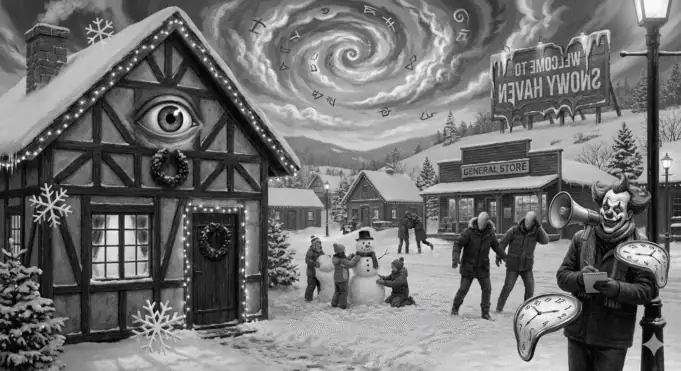 Alternate surreal Snowy Haven scene with large eye imagery, eerie winter village, and stylized motion words like “Rumble” and “Squish.”