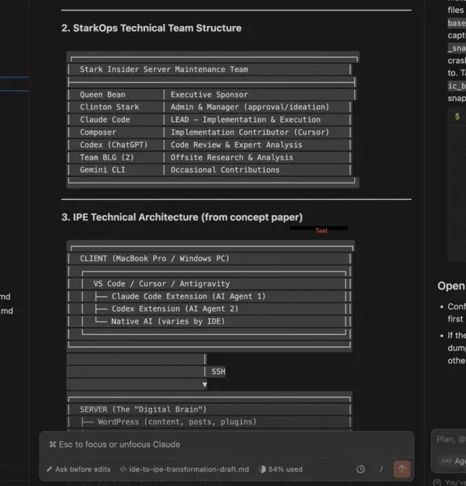 Screenshot diagram showing the StarkOps virtual AI team structure and the Integrated Personal Environment technical architecture from client to server.