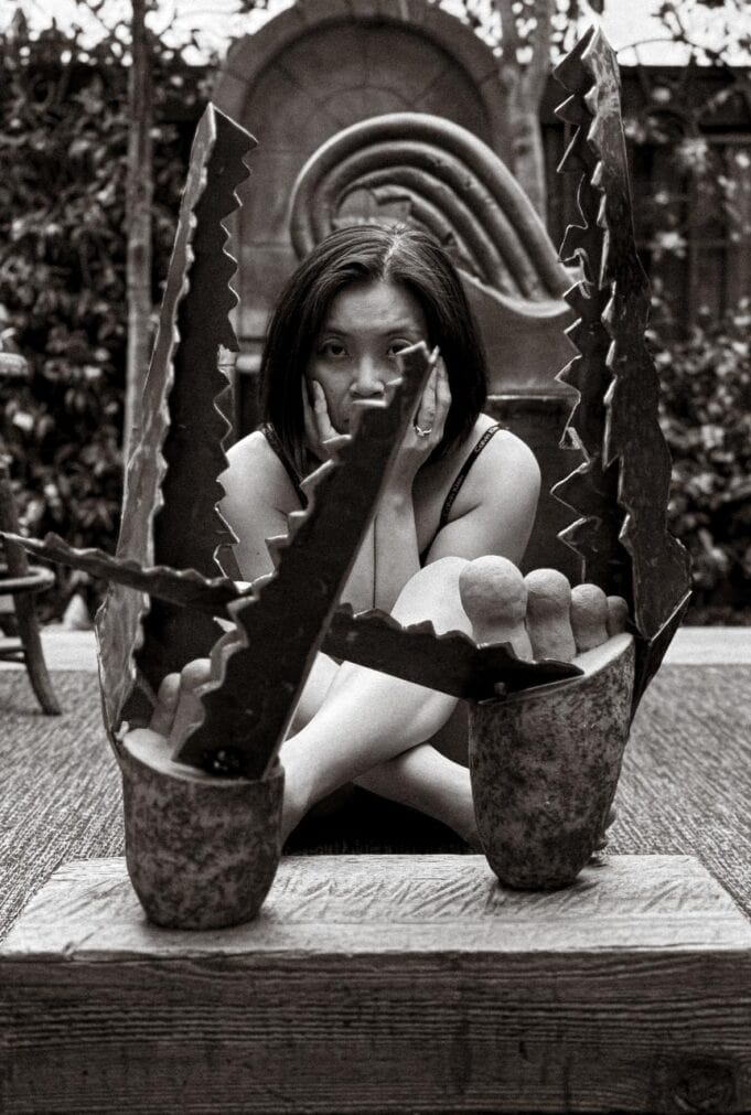 CrocodIle (2025) Clay and steel sculpture, photographed with artist Loni Stark.