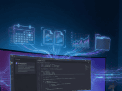 IPE: How to Build Your Own AI Command Center A futuristic home office setup featuring a widescreen monitor running Cursor IDE as an Integrated Personal Environment (IPE). Holographic icons floating above the screen represent personal tasks like home inventory, financial planning, and document organization, illustrating how to use AI coding tools for life management.