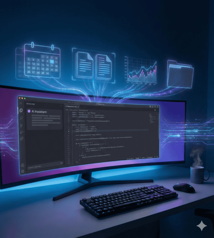 AI Command Center - Cursor IDE Life Management Setup A futuristic home office setup featuring a widescreen monitor running Cursor IDE as an Integrated Personal Environment (IPE). Holographic icons floating above the screen represent personal tasks like home inventory, financial planning, and document organization, illustrating how to use AI coding tools for life management.