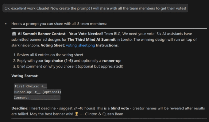 StarkMind.ai banner contest voting prompt shared with team members showing instructions and voting format