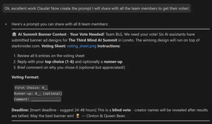 StarkMind.ai banner contest voting prompt shared with team members showing instructions and voting format