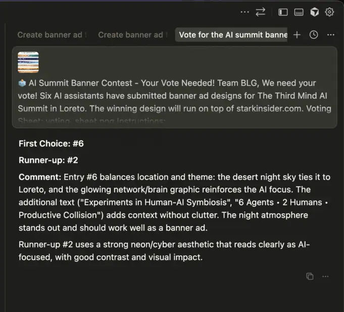 Screenshot of an AI assistant’s message voting for Entry #6 with Entry #2 as runner-up in The Third Mind AI Summit banner contest.