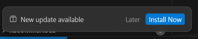 Screenshot of Cursor IDE showing a “New update available” notification with a Later and Install Now button