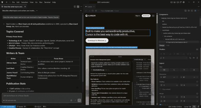 Cursor IDE Visual Editor showing the components inspector panel with CSS properties, layout controls, and dimension settings alongside a rendered web page