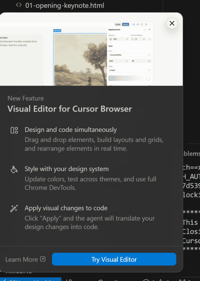 Cursor Visual Editor new feature announcement showing design and code simultaneously, style with your design system, and apply visual changes to code