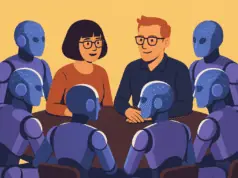Loni Stark and Clinton Stark seated with six AI robots around a round table collaborating on The Third Mind AI Summit banner design