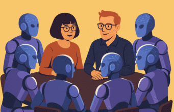 6 AI Agents, 2 Humans, 1 Banner: How StarkMind.ai Designed an Ad Together Loni Stark and Clinton Stark seated with six AI robots around a round table collaborating on The Third Mind AI Summit banner design