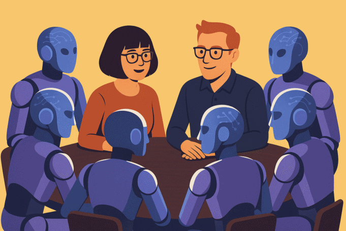 Human–AI Design Roundtable for The Third Mind AI Summit – StarkMind.ai Loni Stark and Clinton Stark seated with six AI robots around a round table collaborating on The Third Mind AI Summit banner design