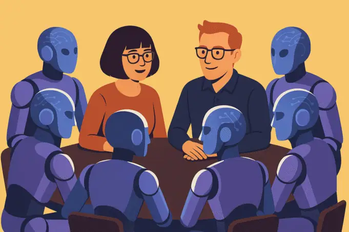 Loni Stark and Clinton Stark seated with six AI robots around a round table collaborating on The Third Mind AI Summit banner design