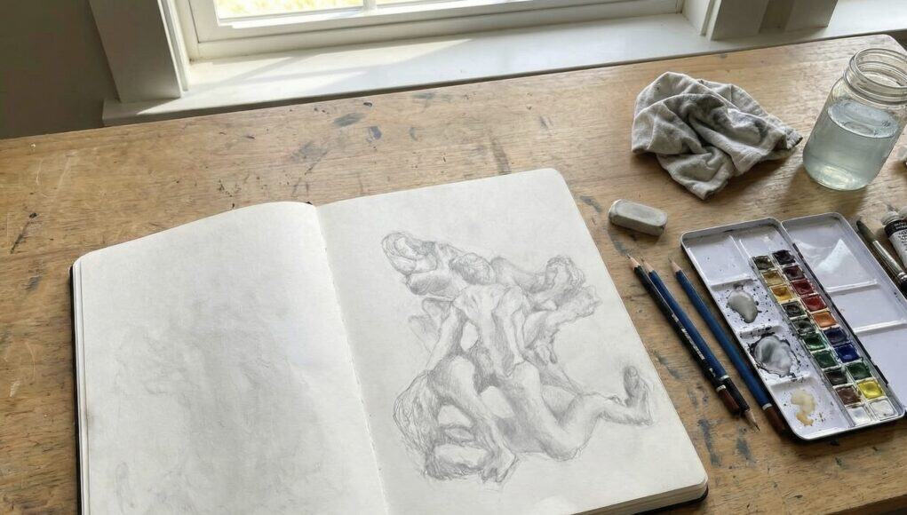 Sketchbook Reflections on Art, Memory, and Human–AI Collaboration Artist’s sketchbook open on a wooden desk, exploring creativity and human–AI collaboration ahead of the Third Mind AI Summit