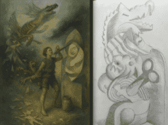 Side-by-side comparison showing AI-generated painting concept on left and Loni Stark's refined graphite drawing on right, demonstrating human-AI creative collaboration