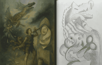 Side-by-side comparison showing AI-generated painting concept on left and Loni Stark's refined graphite drawing on right, demonstrating human-AI creative collaboration