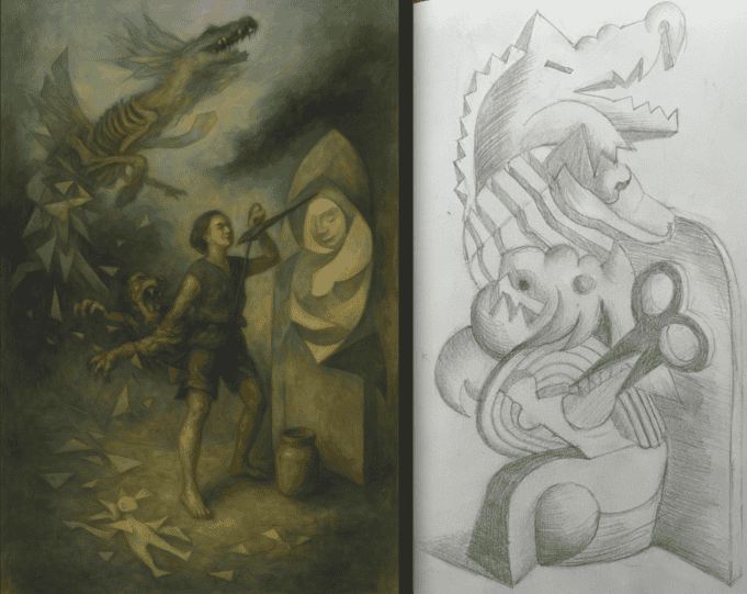 The Symbiotic Loop: AI-Generated Concept Refined Through Human Artistic Judgment Side-by-side comparison showing AI-generated painting concept on left and Loni Stark's refined graphite drawing on right, demonstrating human-AI creative collaboration
